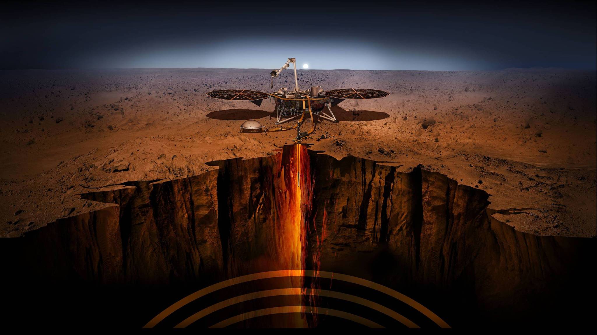 An artist's illustration of the InSight lander on Mars.