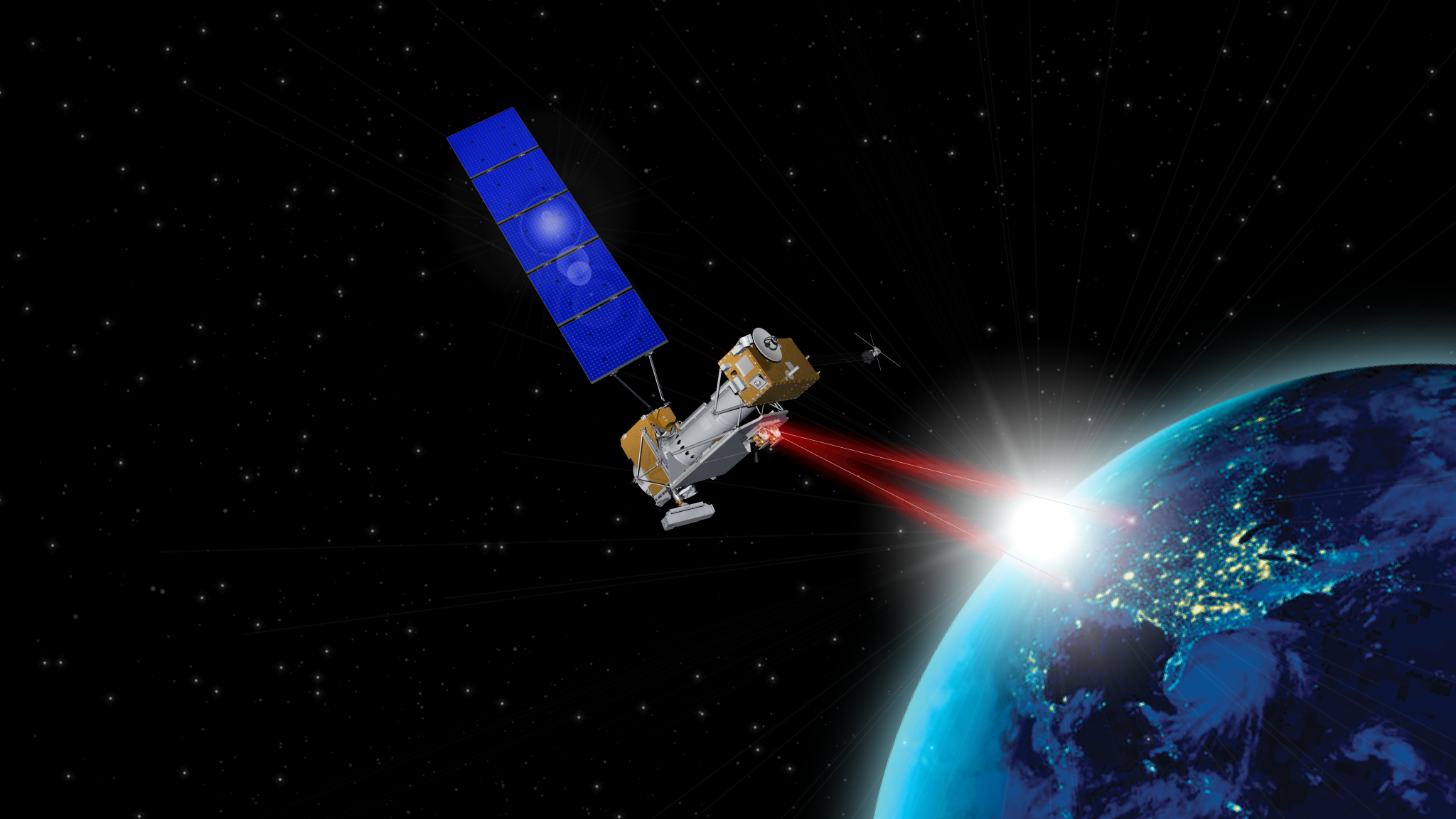 Artist rendering of NASA's Laser Communications Relay Demonstration beaming two red lasers  from a spacecraft with a 5 square panel towards Earth.