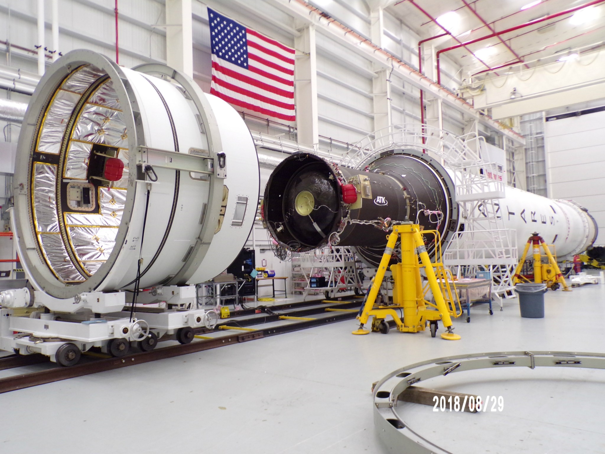 Northrop Grumman’s Antares rocket sits in the Horizontal Integration Facility at NASA’s Wallops Flight Facility