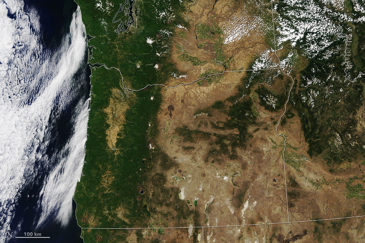 Clear satellite image of Oregon. The image is very clear with greenery and mountains below.