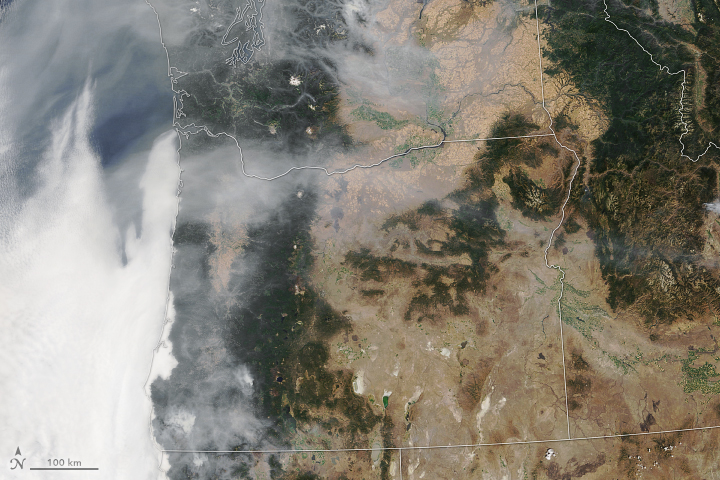 Satellite image of Oregon blurry with smoke, thick smoke can been seen over the ocean on the left and the whole image is foggy. 