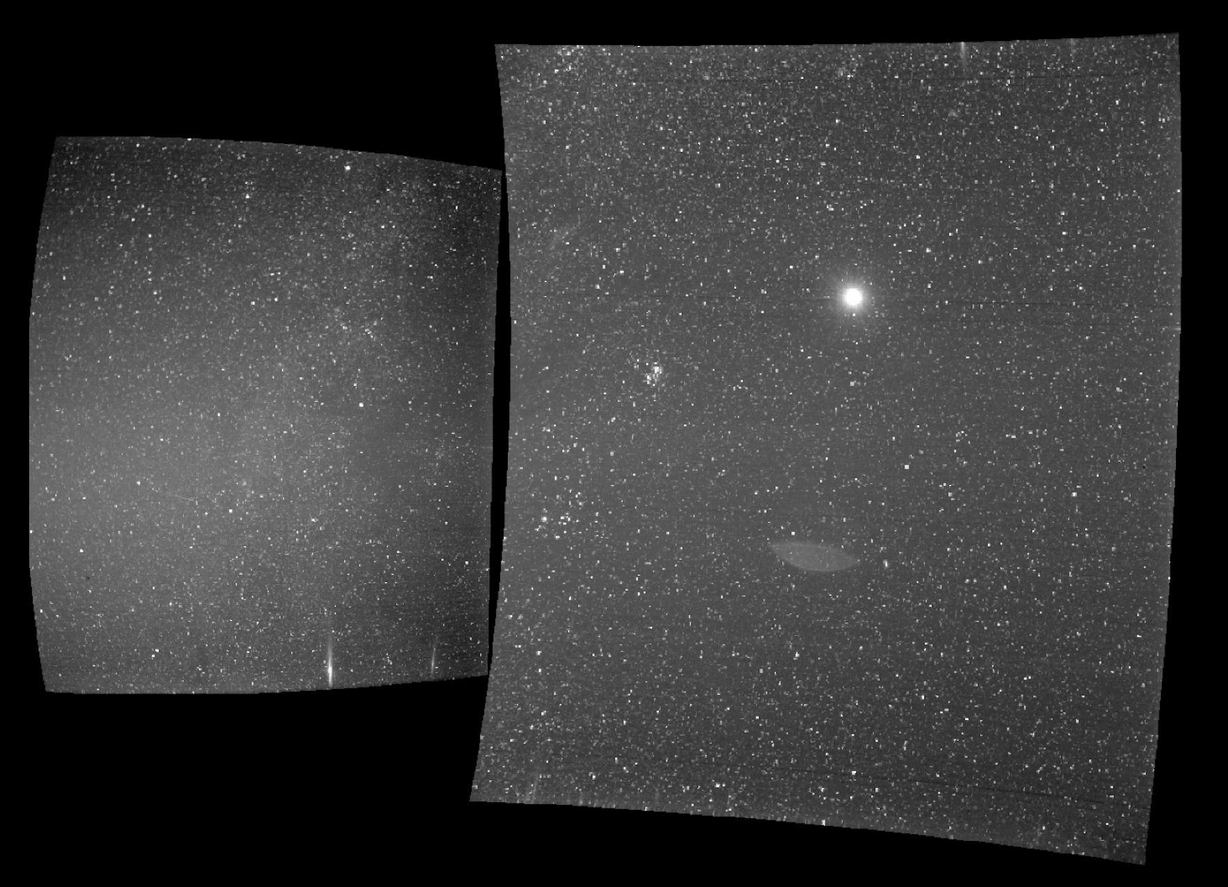 Parker Solar Probe view of Earth and surrounding sky. Against a black background, two slightly curved boxes show the sky in black and white. The box on the left is smaller, and mostly shows white stars against a gray sky, with a few bright white streaks along the bottom edge, which is a lens reflection. The bigger box on the right shows even more starts. A bright circle in the upper center of this box is Earth.