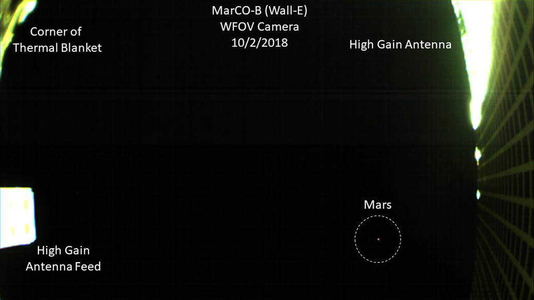 MarCo cubesat takes photo of Mars as it approaches the red planet.
