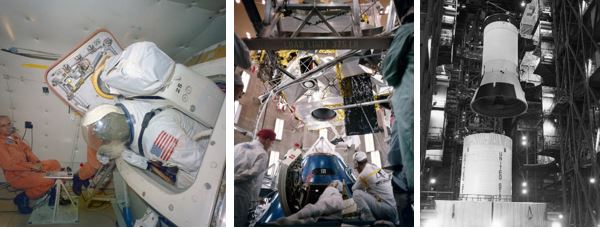 Left: Schweickart aboard a KC-135 aircraft practicing ingress and egress from a CM mockup. Middle: Docking test of the Apollo 9 CM (bottom) and LM (top) in the KSC vacuum chamber. Right: In the VAB, workers lower the Saturn V’s third stage onto the second stage.