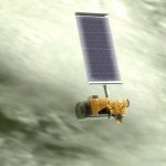 animation still of Terra satellite showing one large solar panel and the smaller body of the satellite
