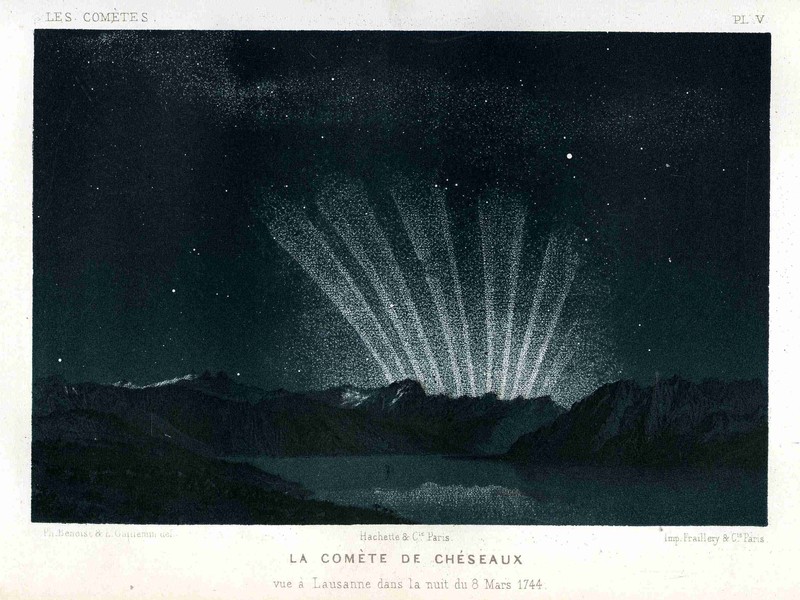 illustration of the six-tailed Great Comet of 1744. The illustration is all in dark blues ad grays. In the foreground, lake surrounded by mountains is very dark. Behind the mountains, six wide, stippled lens extend up to the sky like a fountain. The illustration is in a frame labeled La Cométe de Chésaux.