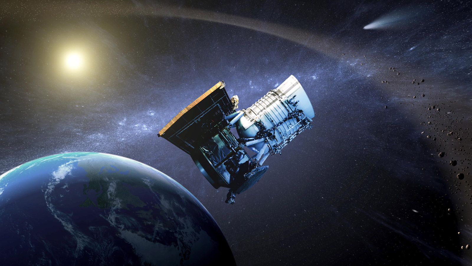 This artist's concept shows the Wide-field Infrared Survey Explorer, or WISE, spacecraft