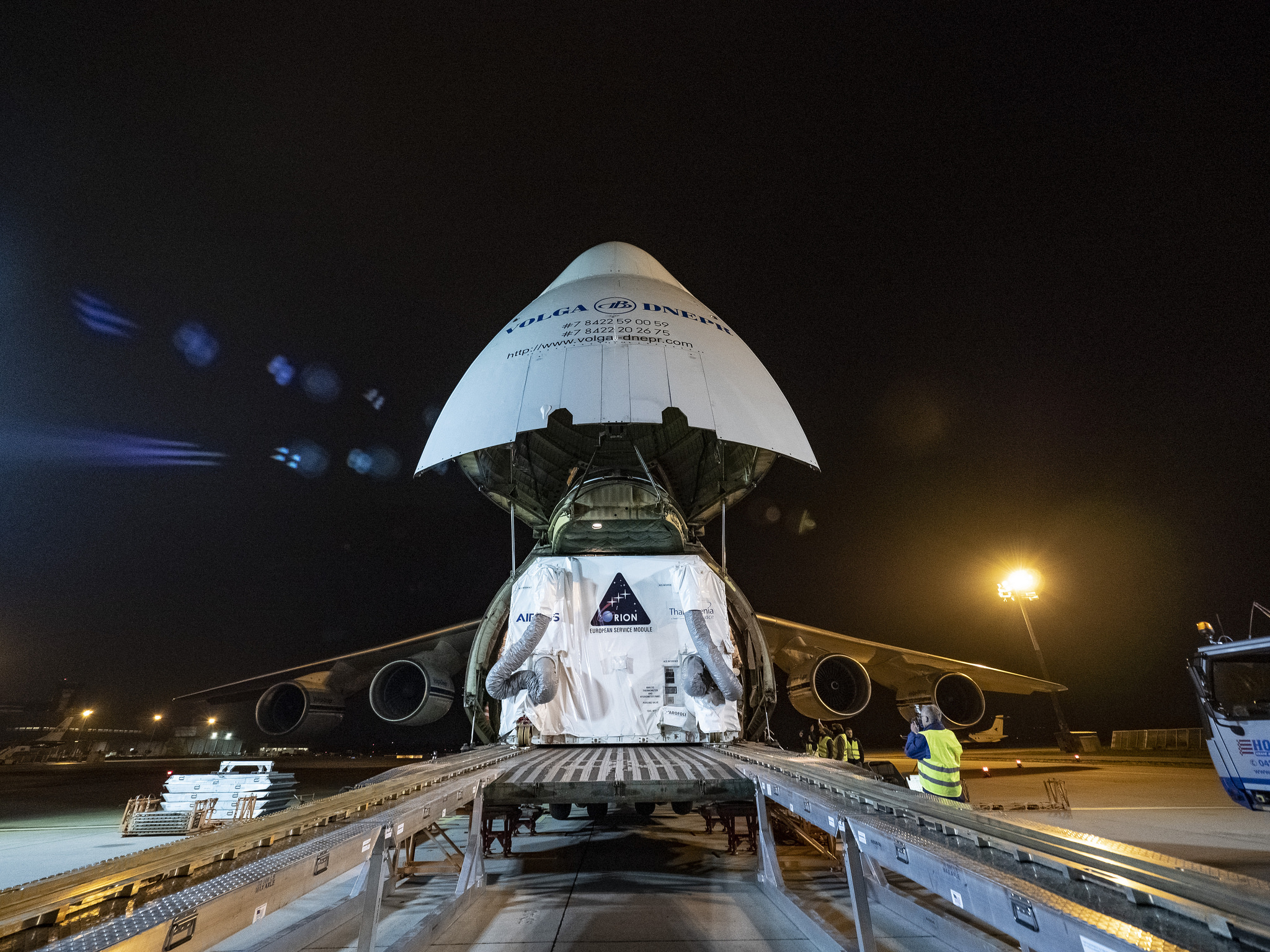 European Service Module for NASA's Orion spacecraft is loaded on an Antonov airplane in Bremen, Germany