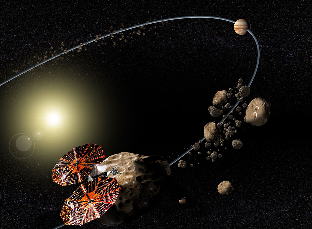 Conceptual image of the Lucy mission to the Trojan asteroids