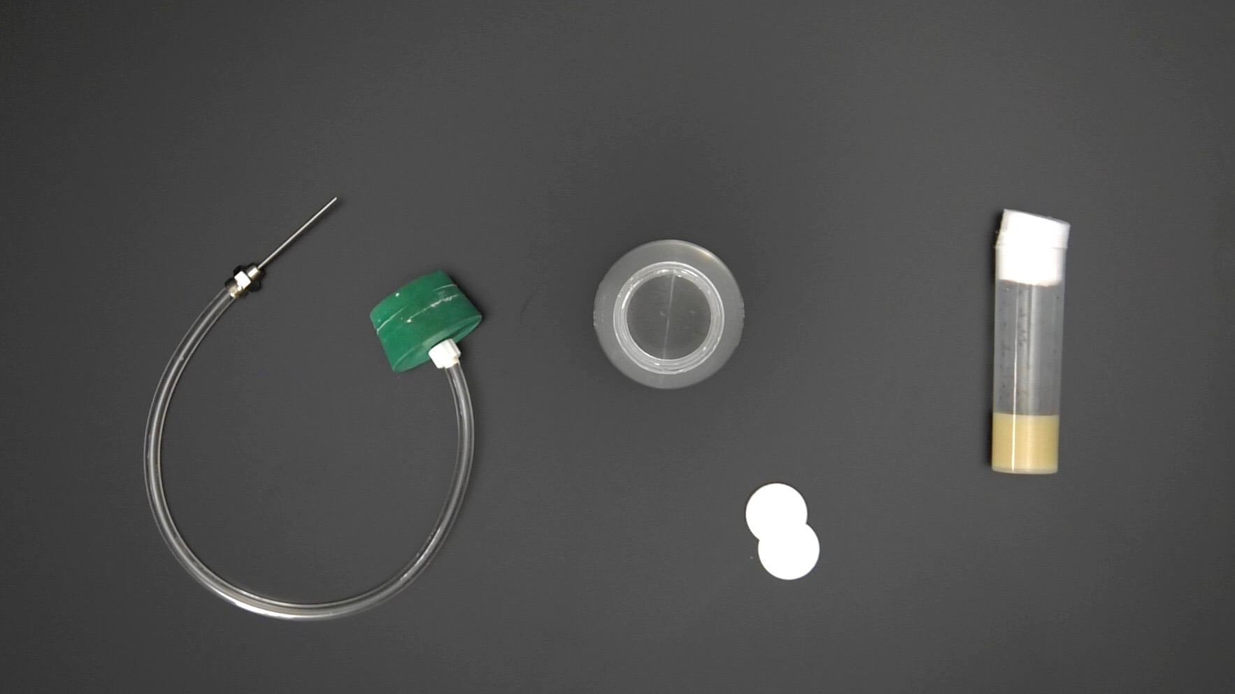 Items lying on a black table: rubber stopper plus tubing, flask of water, two white antacid tablets, vial of fruit flies
