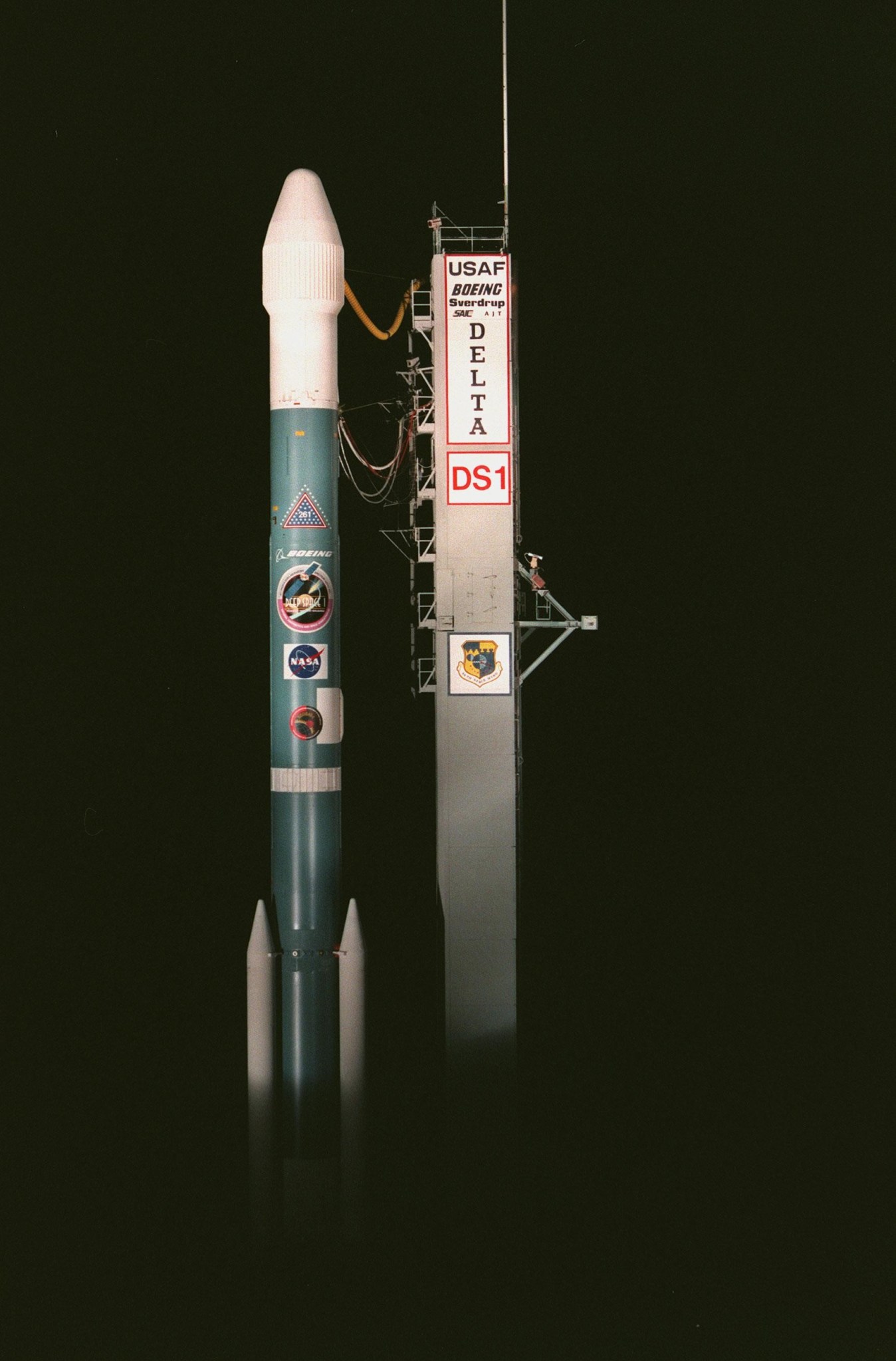 NASA's Deep Space 1 awaits launch atop the Delta II rocket at Launch Complex 17 at CCAFS.