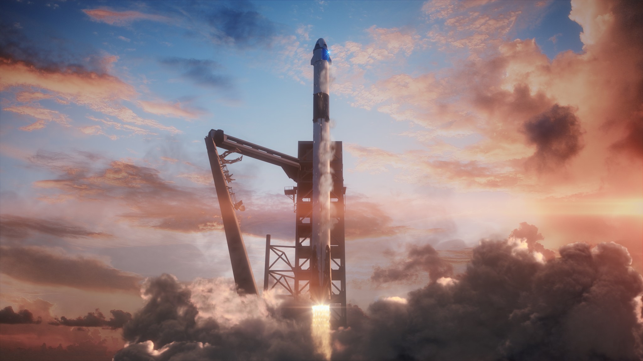 Illustration of SpaceX’s Crew Dragon spacecraft launching atop the company’s Falcon 9 rocket