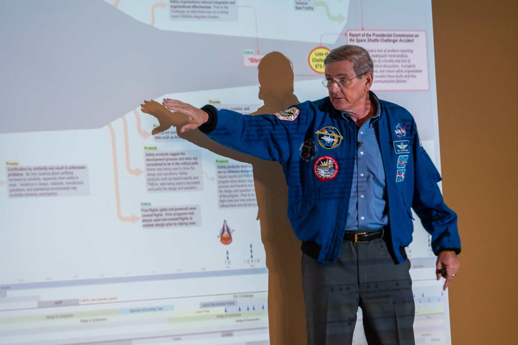 Former NASA astronaut Bill McArthur discusses safety in the workplace during his address to Marshall team members Oct. 31.