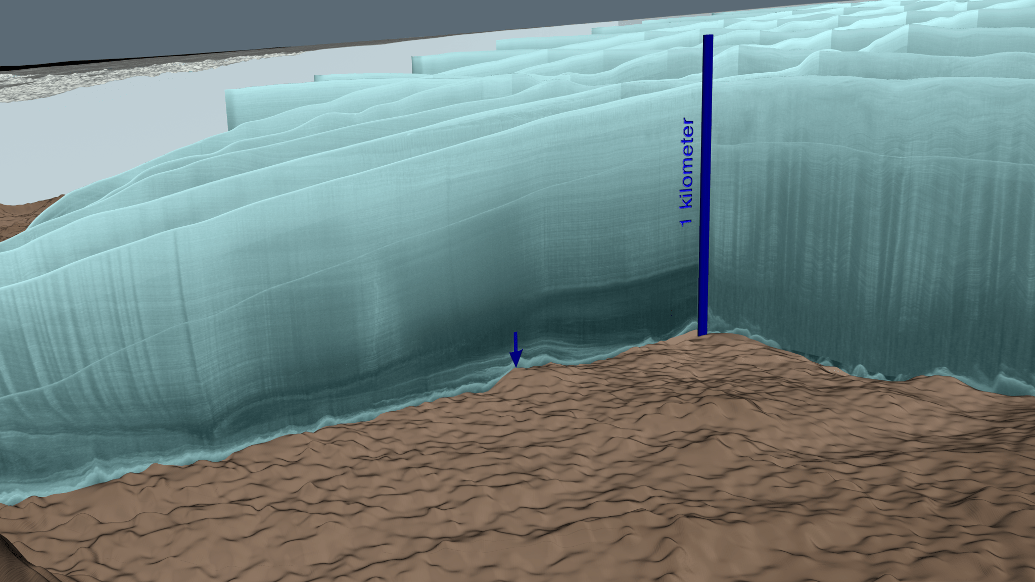 Radar data from an intensive aerial survey of the Hiawatha crater in May 2016 is shown here in aqua-colored curtains