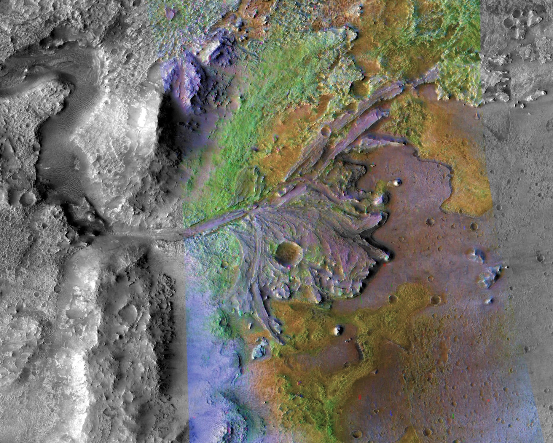 Jezero Crater delta on Mars, combining information from two instruments on NASA's Mars 