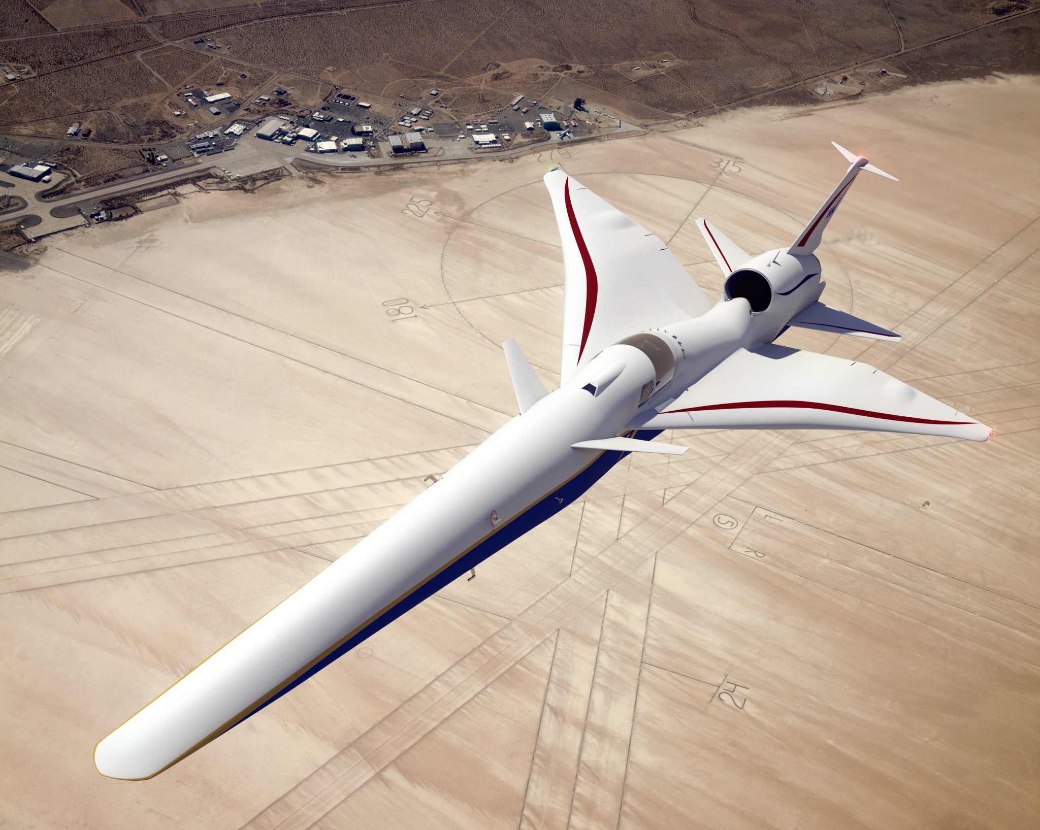 Illustration of the X-59 QueSST as it flies above NASA's Armstrong Flight Research Center in California.