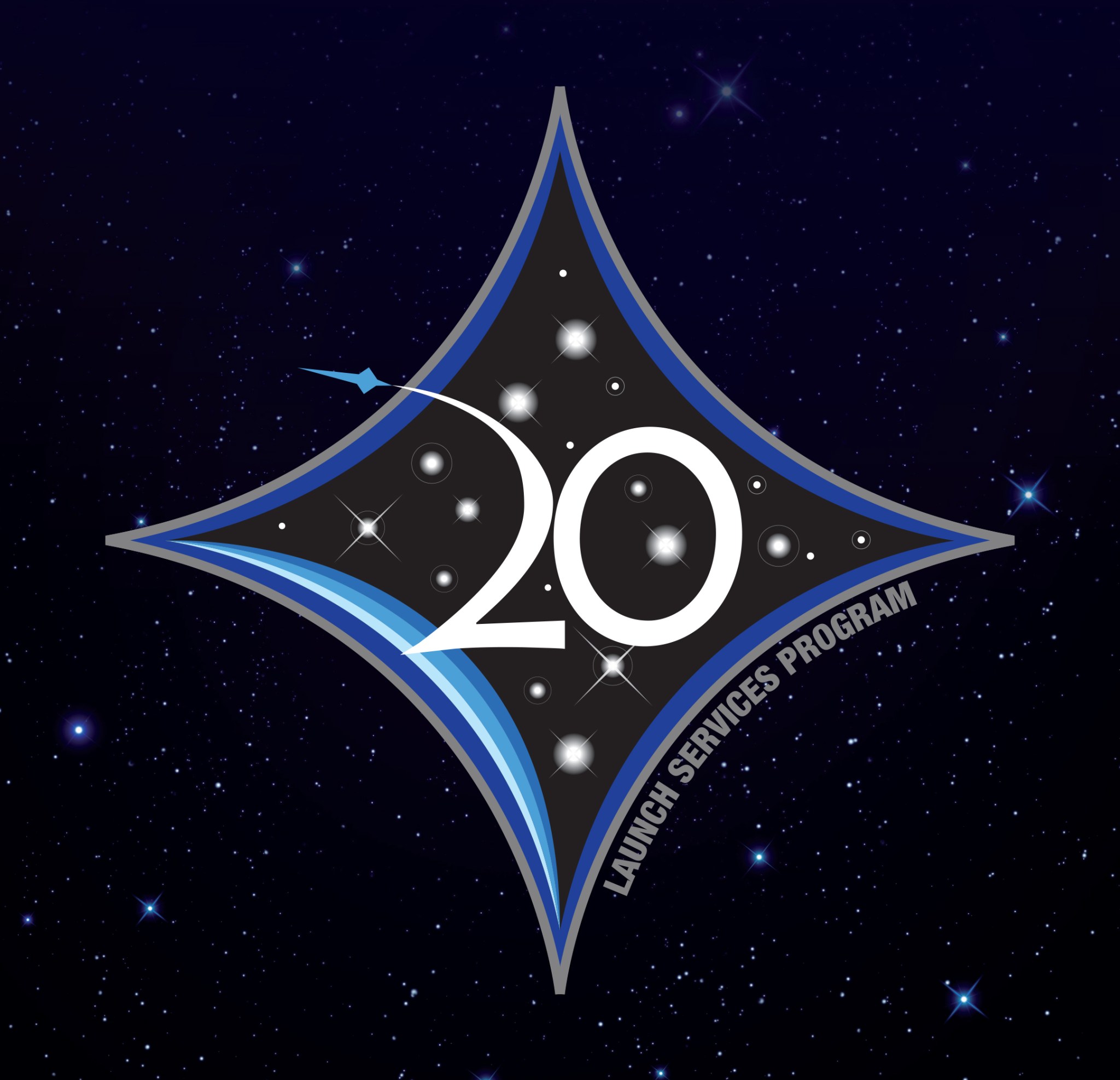NASA's Launch Services Program 20th anniversary logo with starry background.