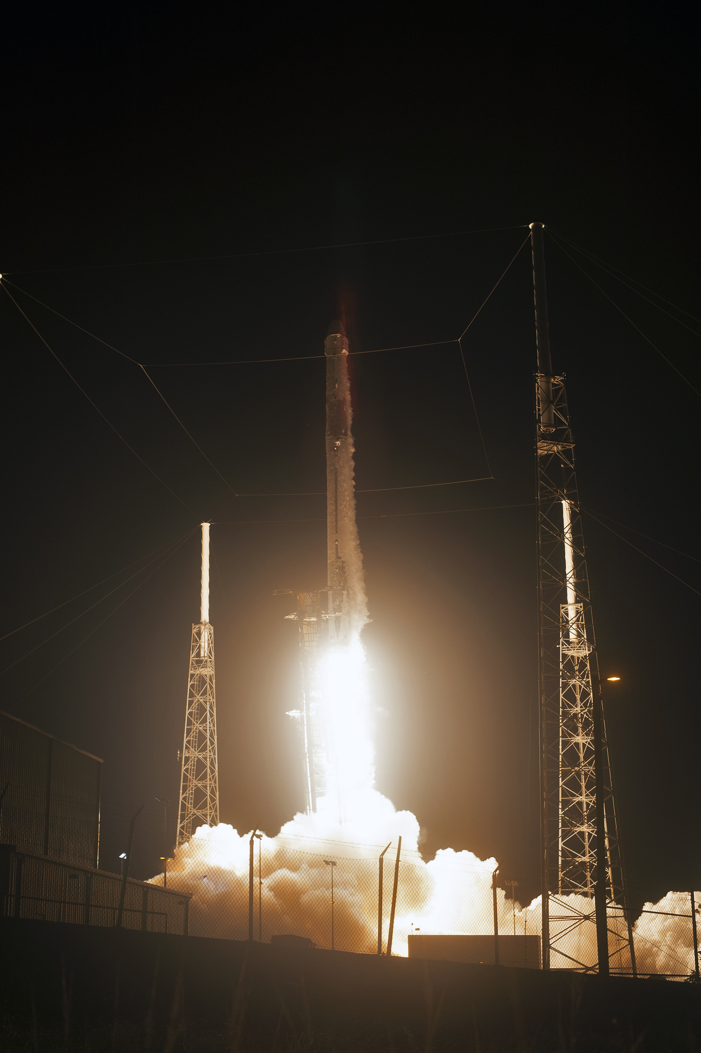 A two-stage SpaceX Falcon 9 launch vehicle lifts off from Space Launch Complex 40 at Cape Canaveral Air Force Station in Florida