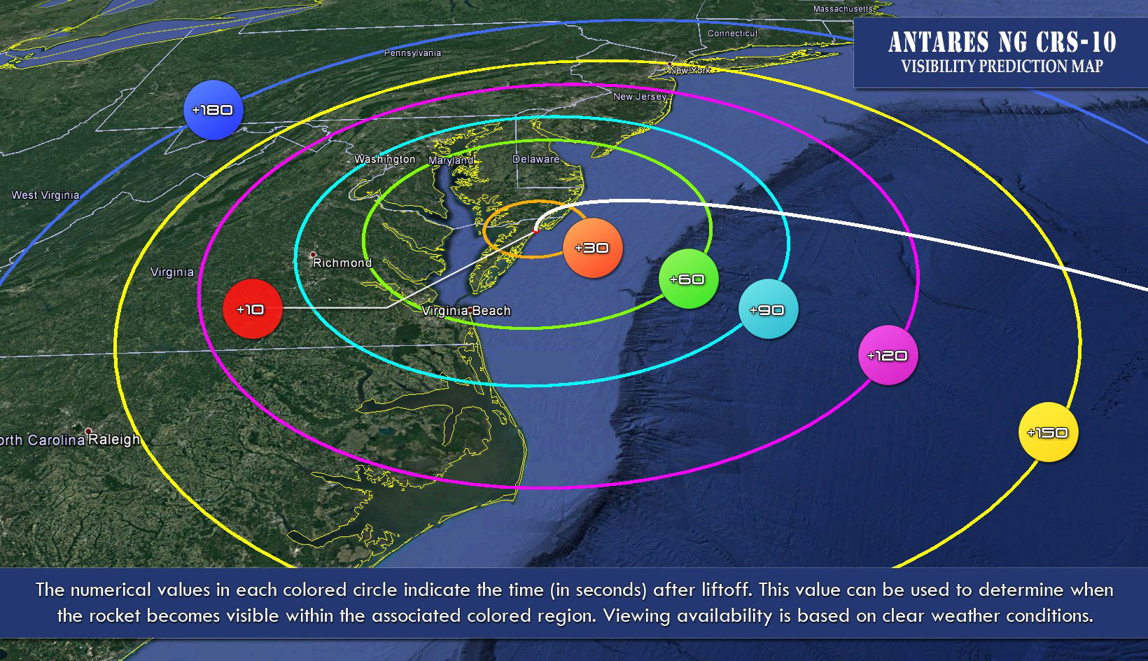 Viewing map of East Coast with circles highlighting seconds after launch to look for the rocket