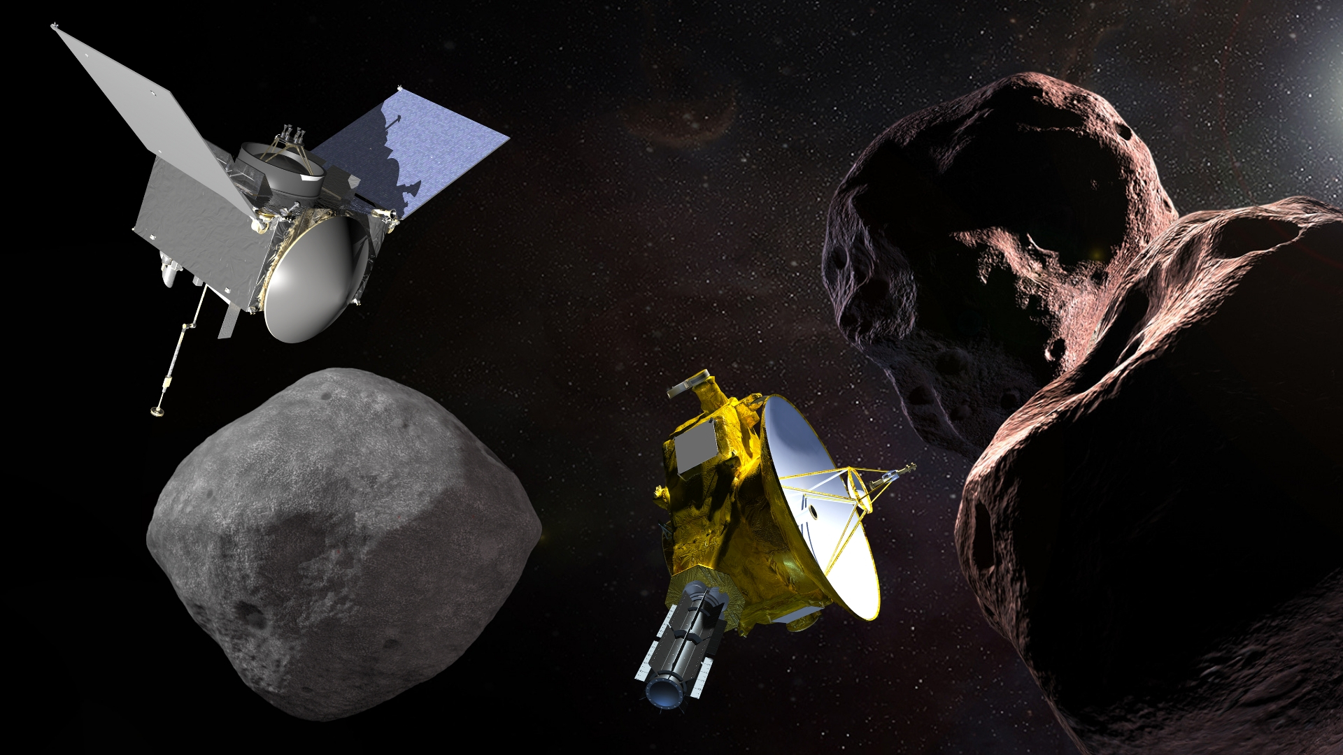 Artist’s illustrations of NASA’s OSIRIS-REx spacecraft with asteroid Bunnu, and New Horizon spacecraft with 2014 MU69