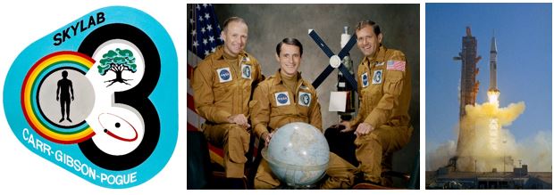 The Skylab 4 mission patch, a crew portrait, and launch of the Skylab 4 rocket