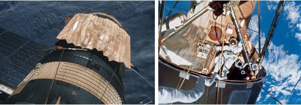 The Skylab sunshade on the orbital workshop and a view of Ed Gibson performing a spacewalk at the space station
