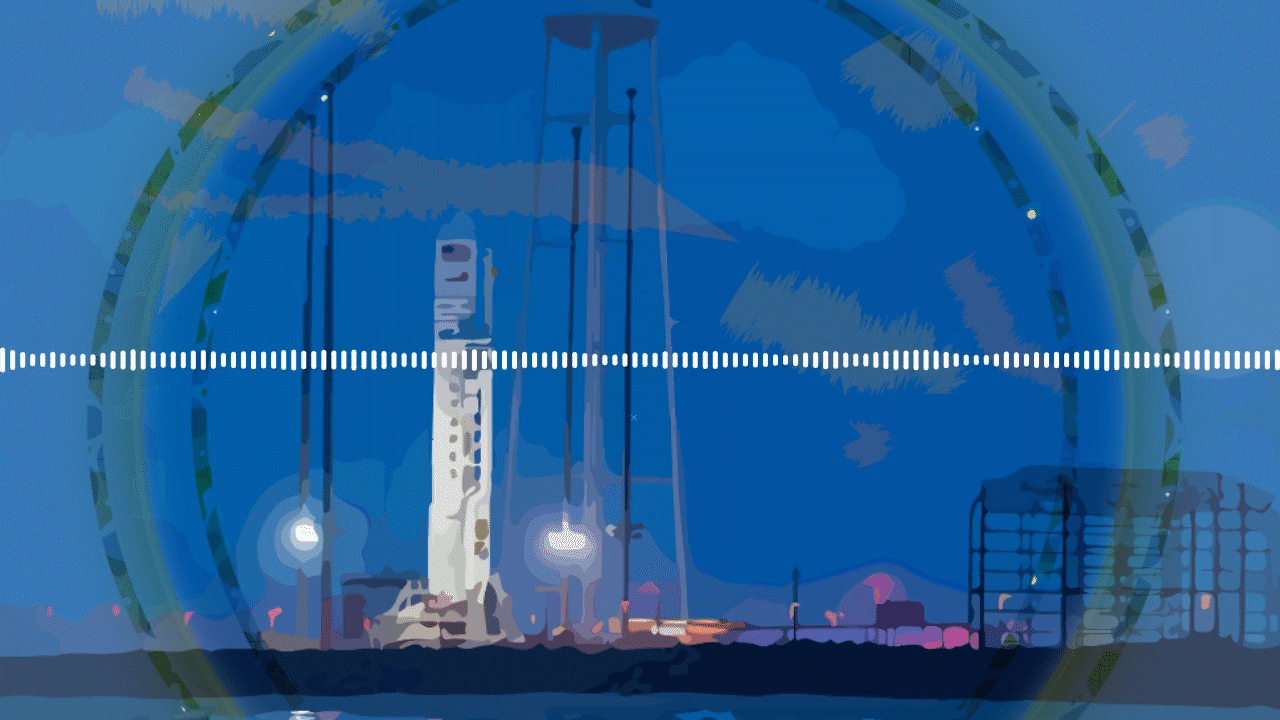 An animated gift showing an illustration of an Antares rocket on the bad, with sound wave animated line.