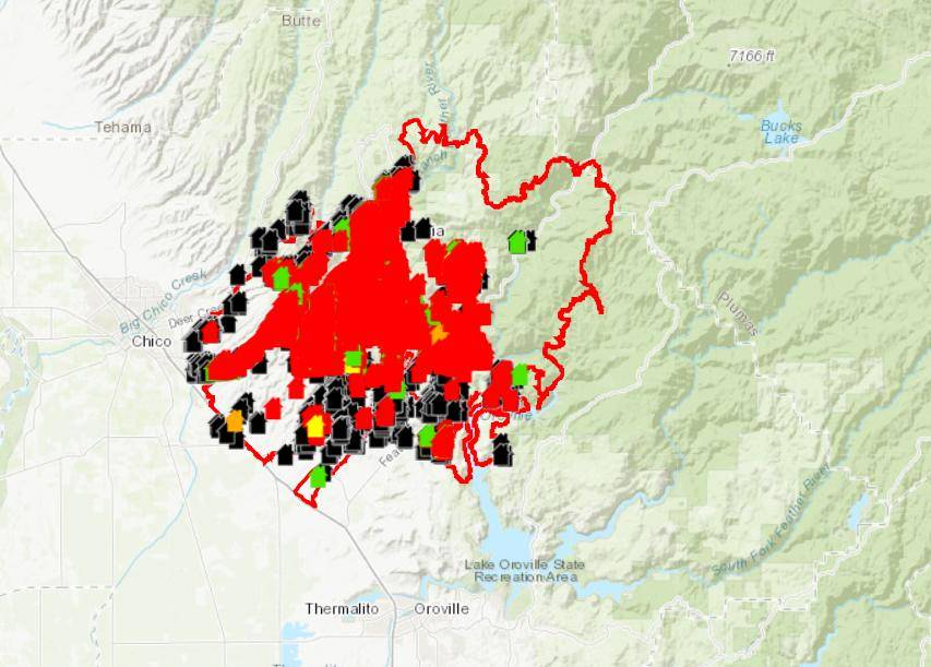 CA Fire image of the structures destroyed from the Camp Fire