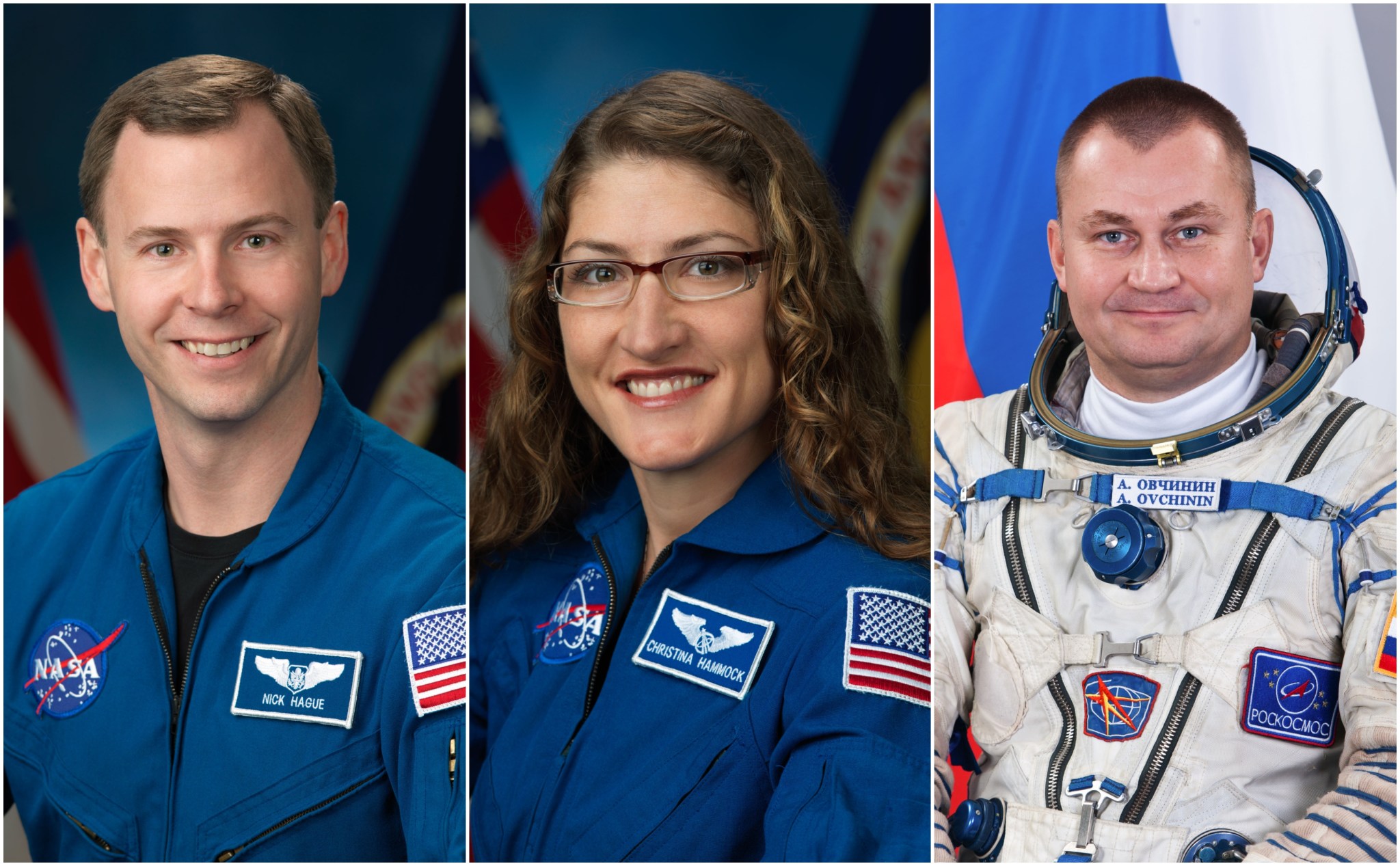 NASA astronauts Nick Hague and Christina Hammock Koch and Alexey Ovchinin of the Russian space agency Roscosmos
