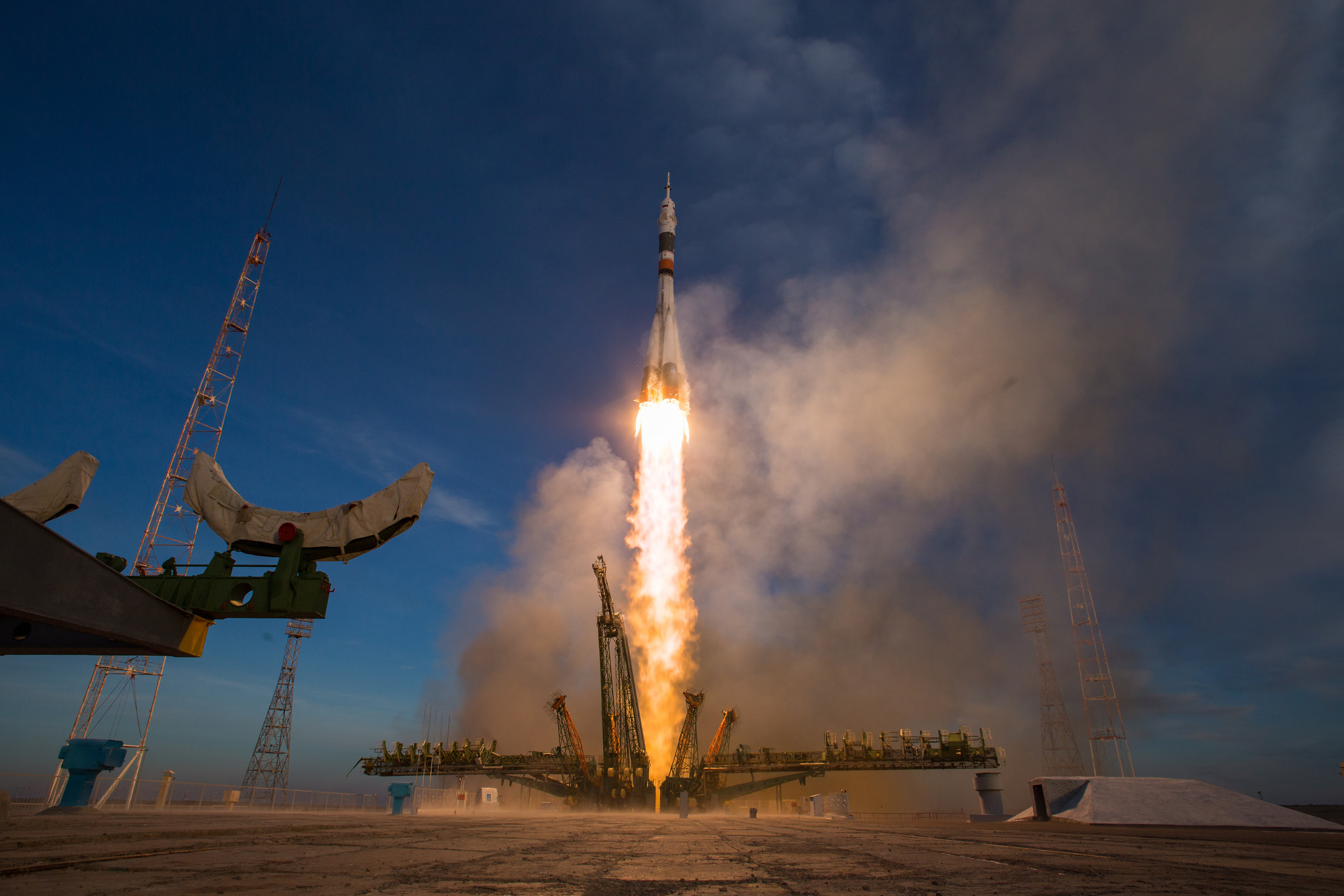 A Soyuz booster rocket launches the Soyuz MS-11 spacecraft from the Baikonur Cosmodrome in Kazakhstan on Monday, Dec. 3, 2018