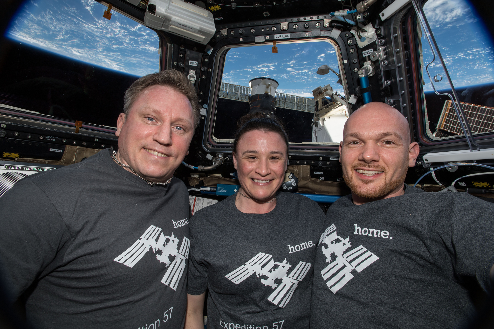 From left are Sergey Prokopyev of Roscosmos, Serena Auñón-Chancellor of NASA and Alexander Gerst of ESA (European Space Agency)