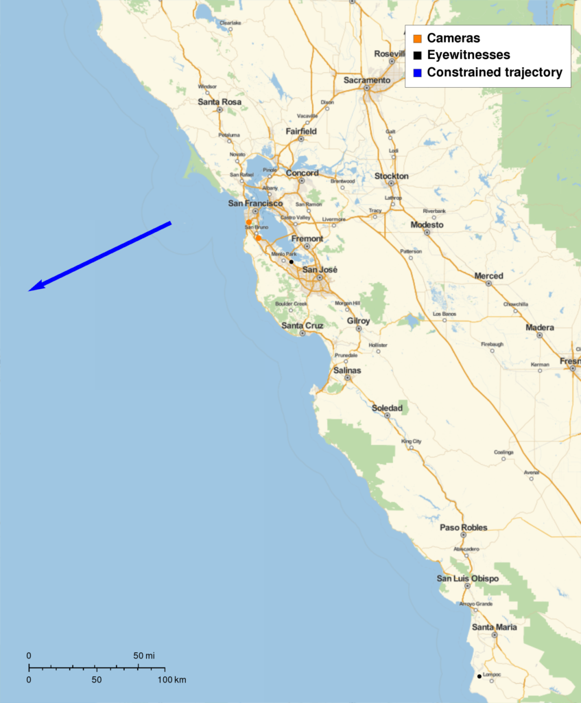 “Ocean track” showing the path of the fireball.