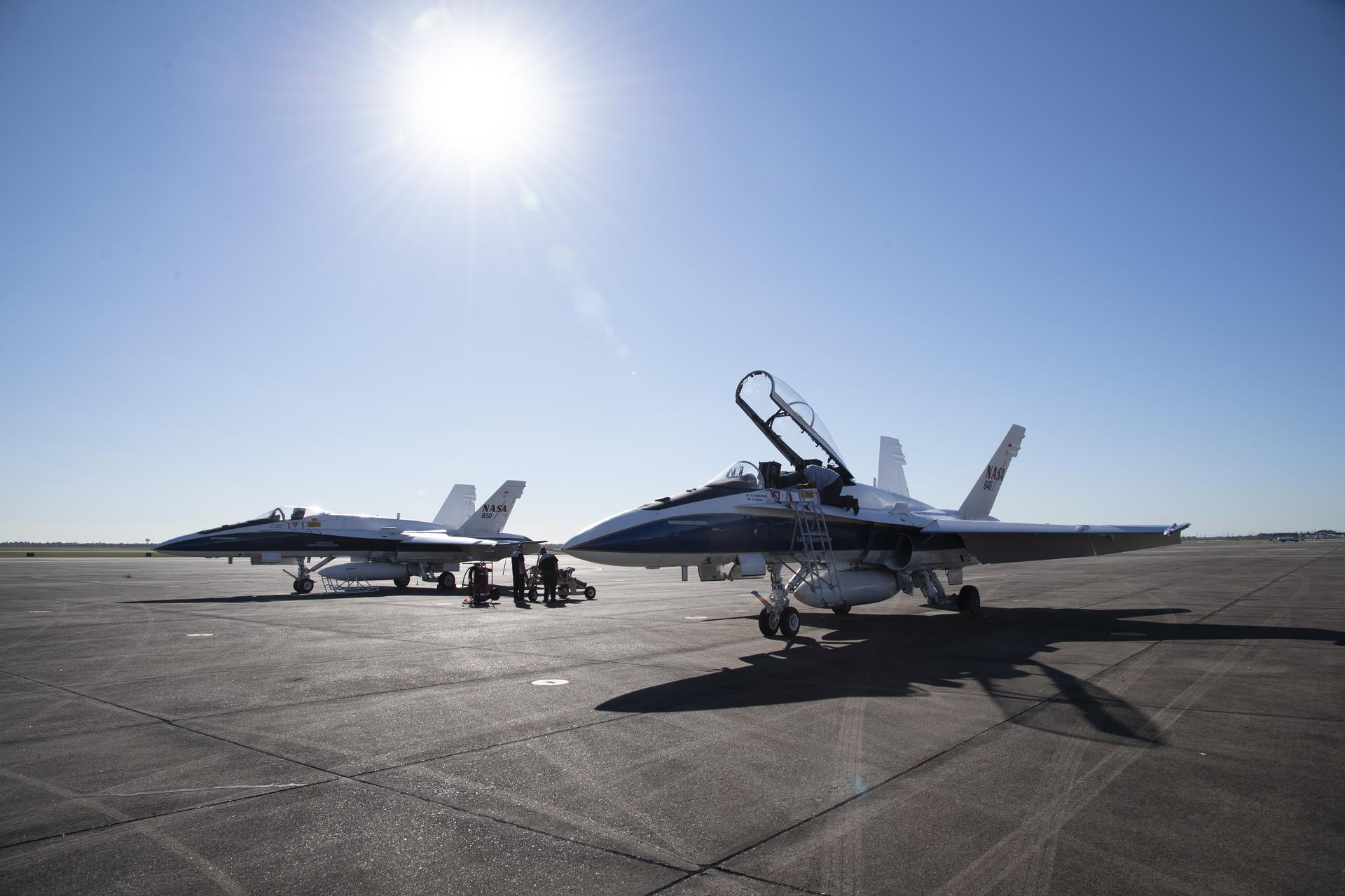 NASA’s F/A-18 research aircraft stands ready prior to a QSF18 supersonic research flight off the coast of Galveston, Texas.