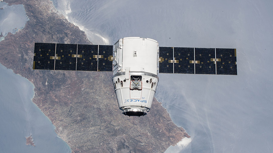 The SpaceX Dragon cargo craft is pictured in July of 2018