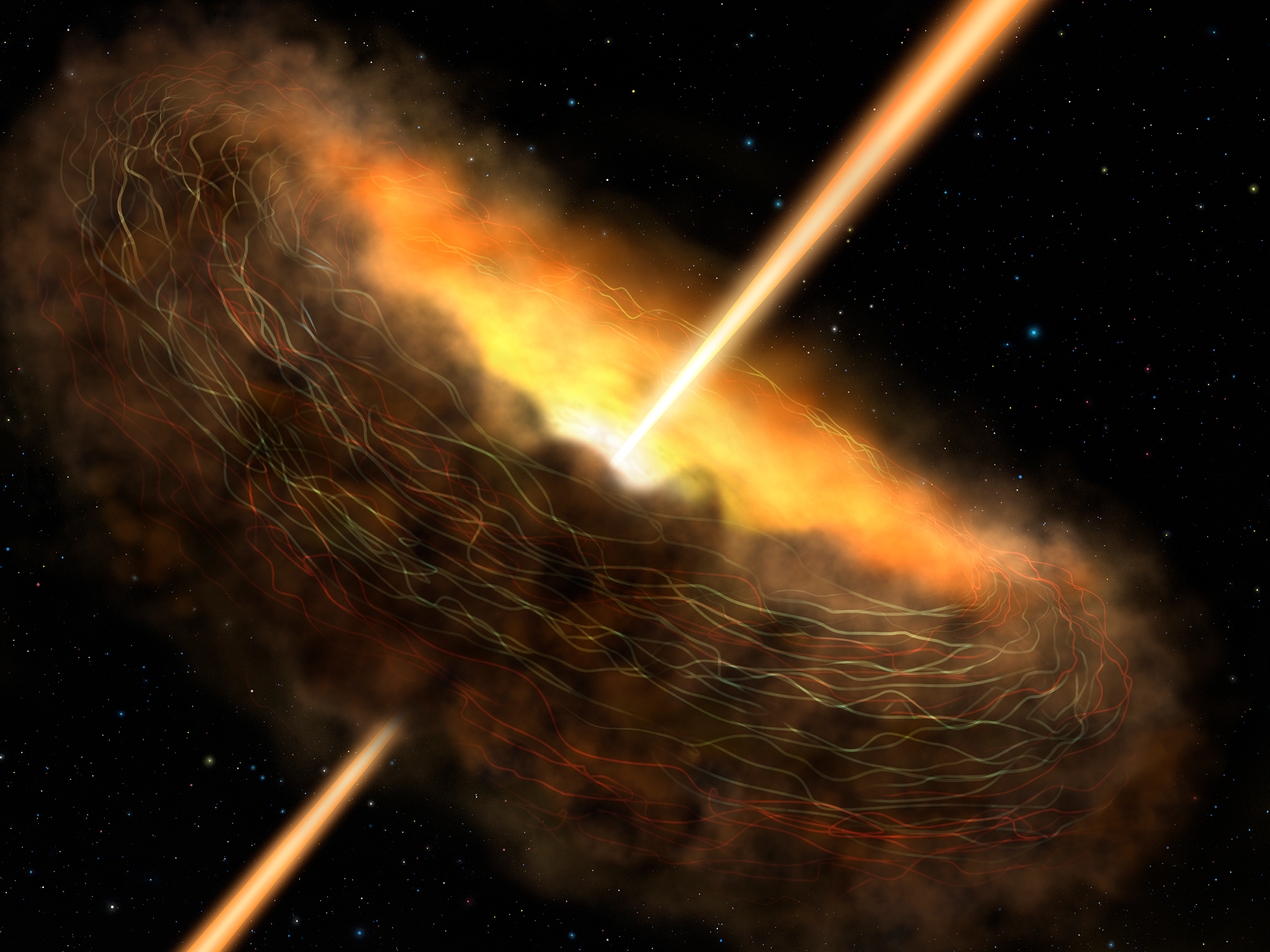 Illustration of the core of Cygnus A, showing the dusty donut-shaped surroundings with magnetic fields trapping the dust in it.