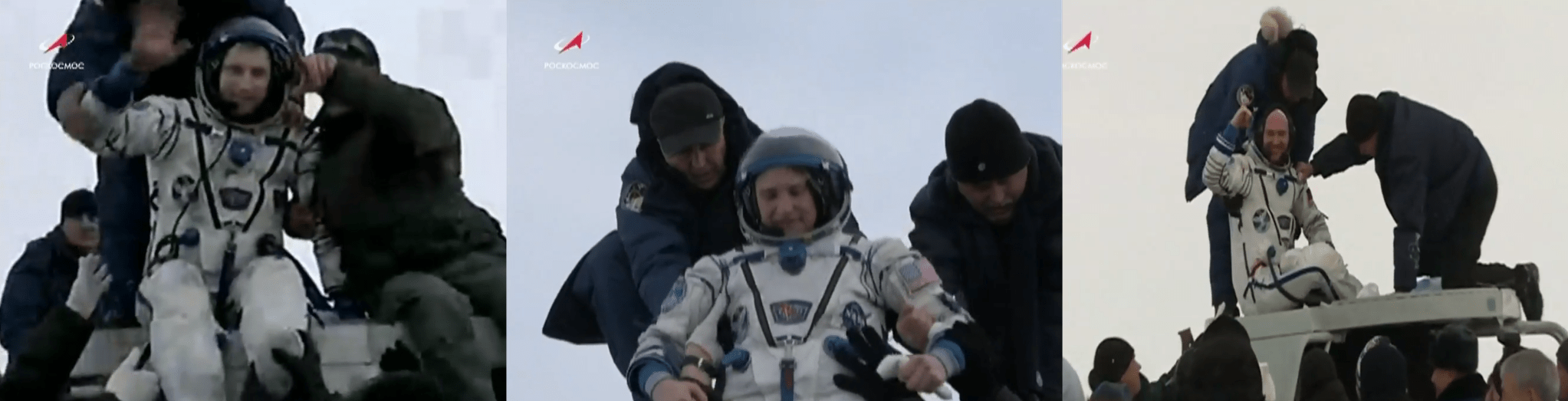 Expedition 57 crew members Sergey Prokopyev of Roscosmos, Serena Auñón-Chancellor of NASA, and Alexander Gerst of ESA