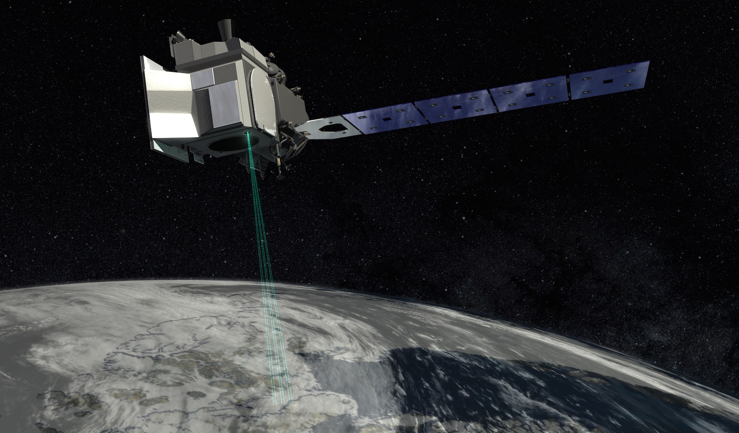 An artist illustration of NASA's ICESat-2 satellite above Earth. 