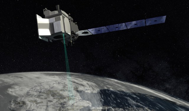 An artist illustration of NASA's ICESat-2 satellite above Earth.