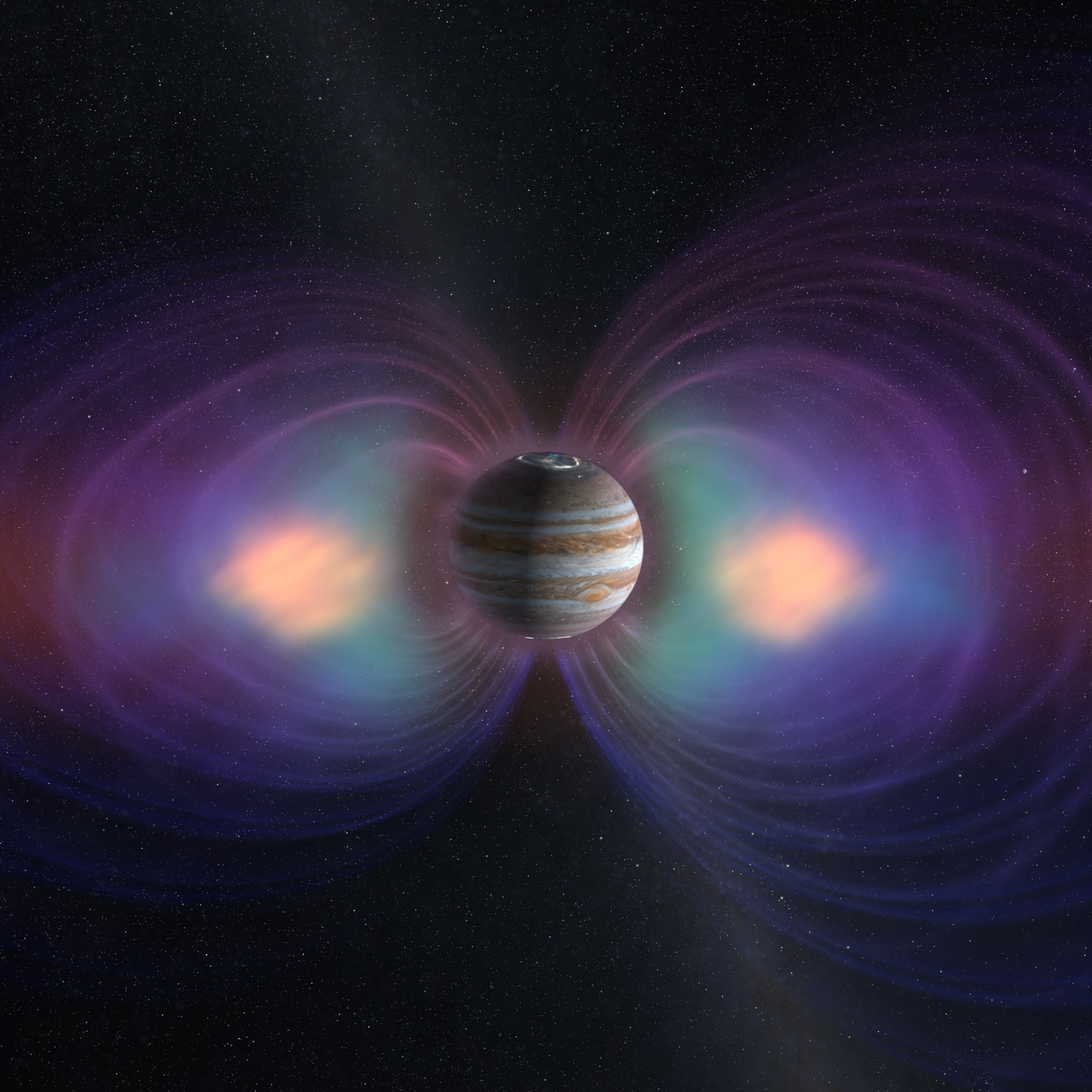 artistic view of Jupiter and its magnetosphere