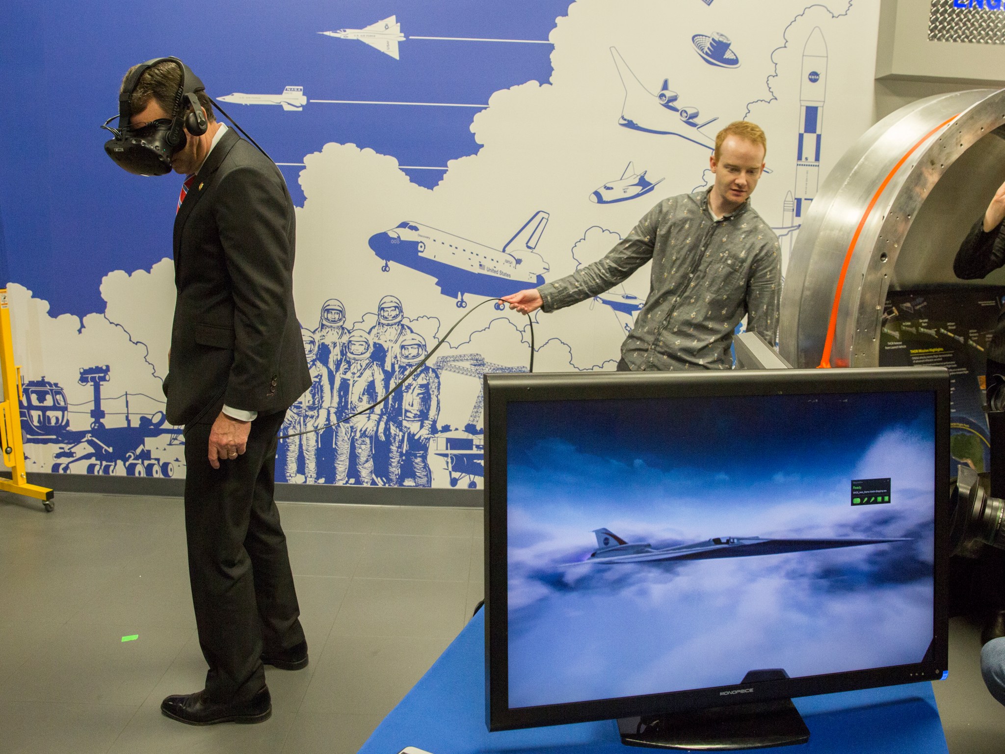 At the machining lab, Northam was able to get a virtual reality demonstration of NASA’s X-59 QueSST aircraft.
