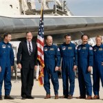 Space shuttle mission STS-26 crew members pose with Vice President George H.W. Bush on Oct. 3, 1988
