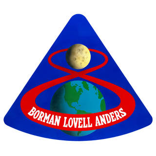 mission patch with moon, earth, figure-8