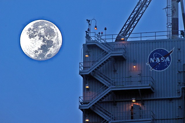 Moon over test stand at Stennis Space Center