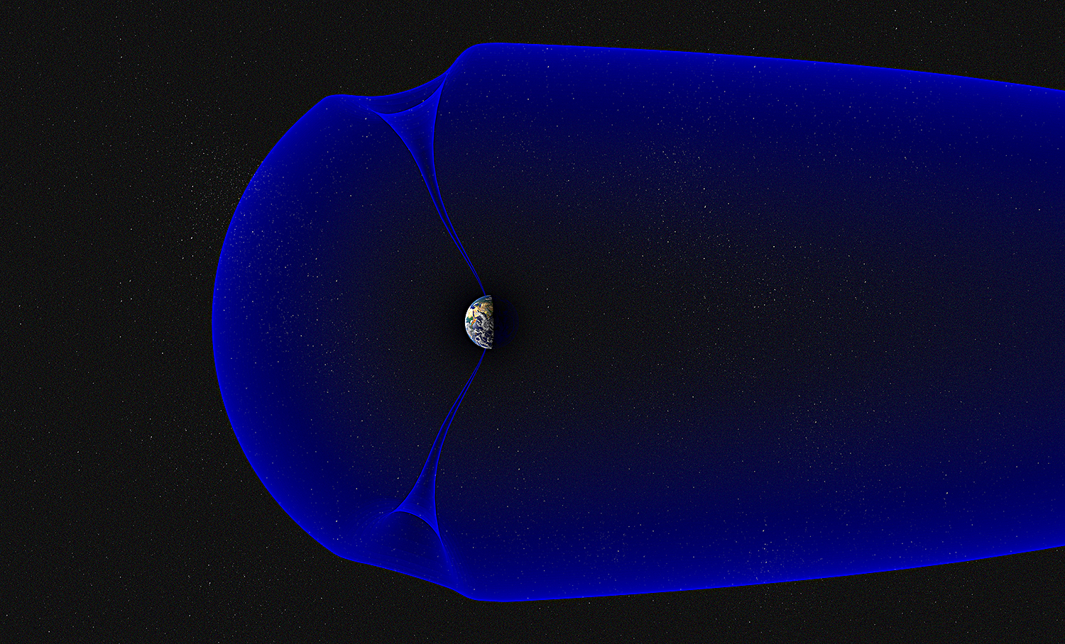An illustration shows Earth inside of an elongated, tadpole-shaped blue bubble that represents Earth’s magnetosphere. The magnetosphere is short and rounded on the left and has a long tail stretching toward the right. Two thin, funnel-like features within the magnetosphere extend from Earth’s north and south poles toward the top and bottom of the magnetosphere.