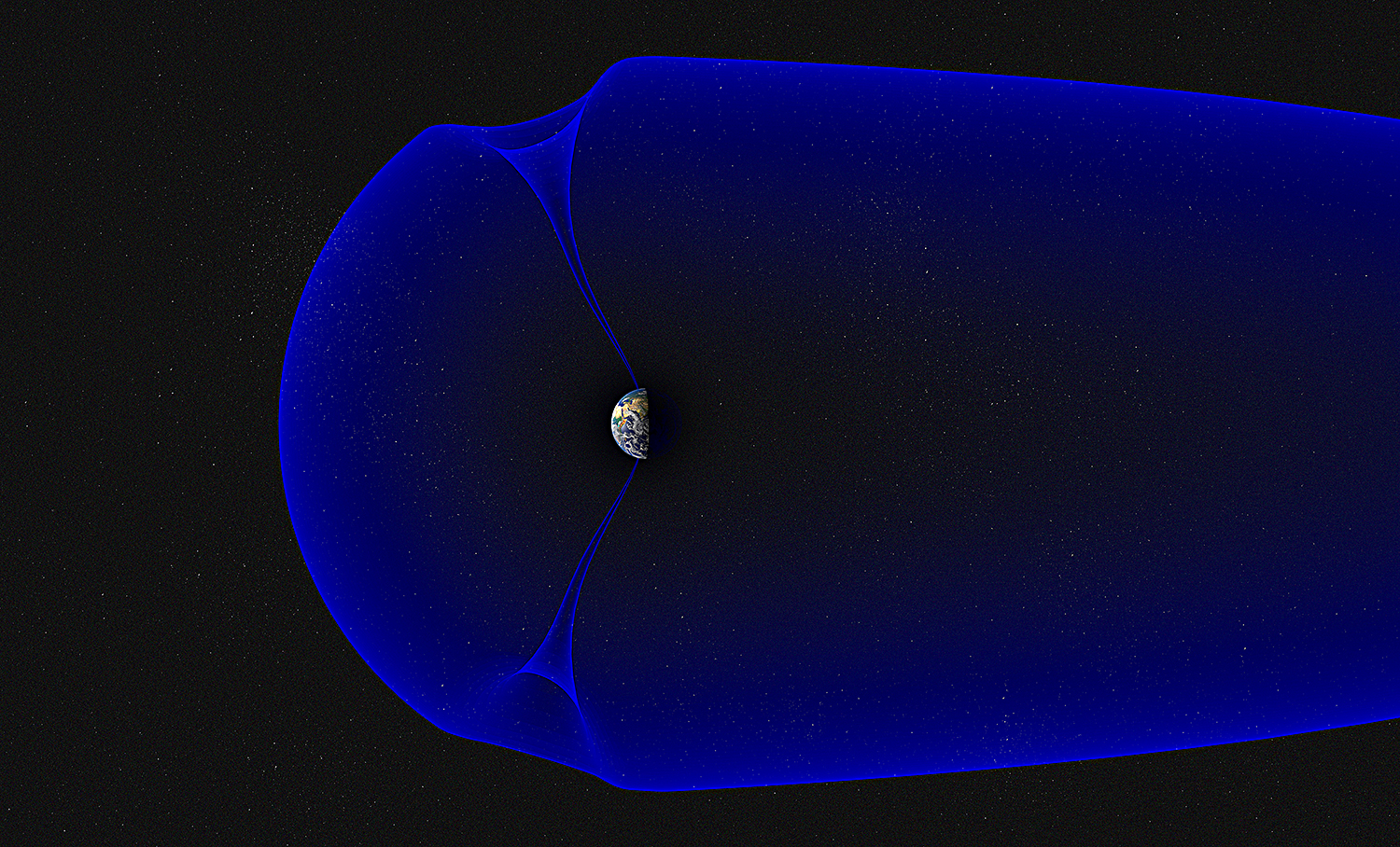 Illustration of Earth's magnetosphere, with looks like a smaller arc extending out from Earth in the center, with a much longer arc stretching out in the other direction like a tail.