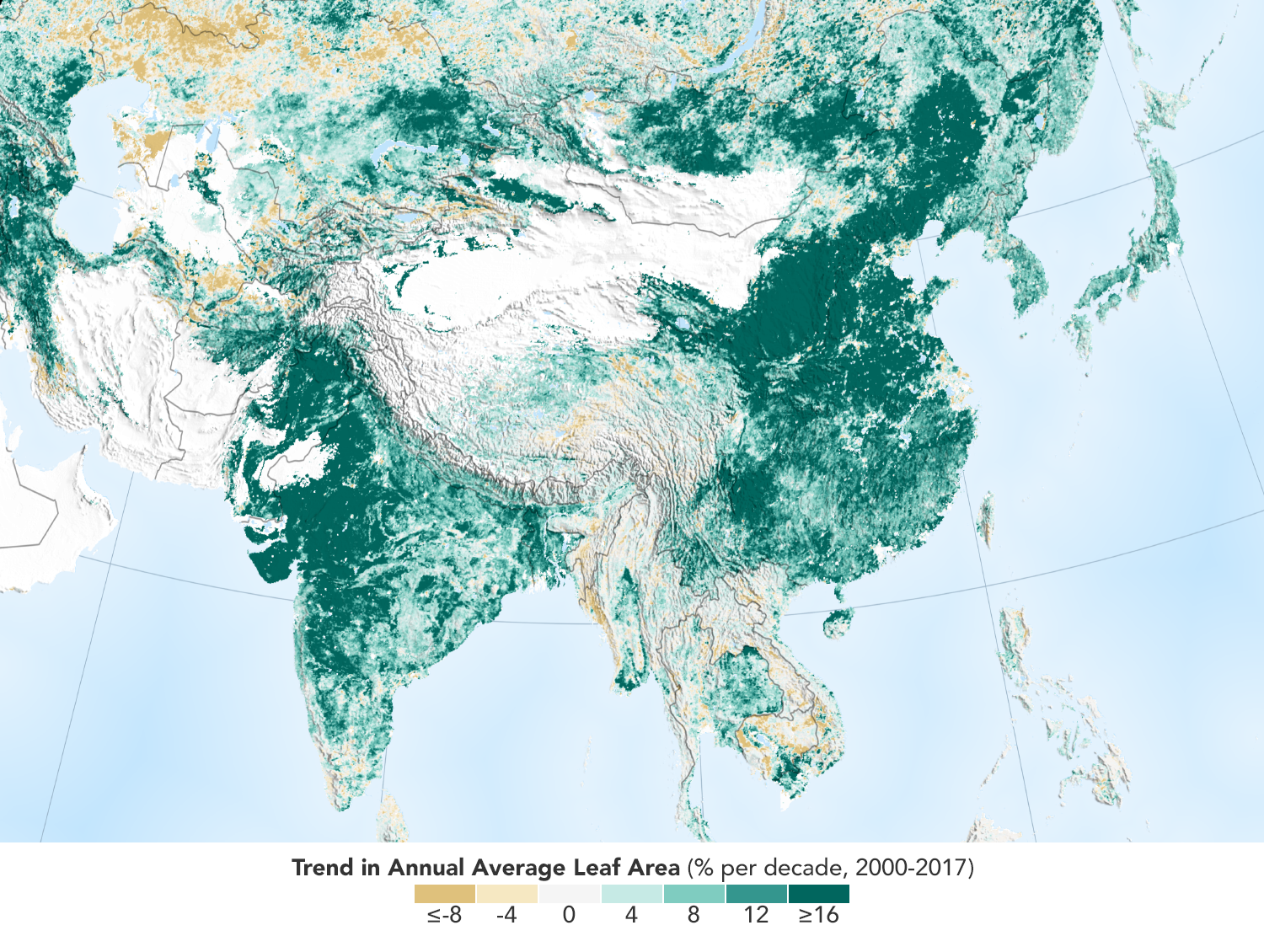 A map showing increases in leaf area per year, represented in green. India and China stand out with large areas of dark green.