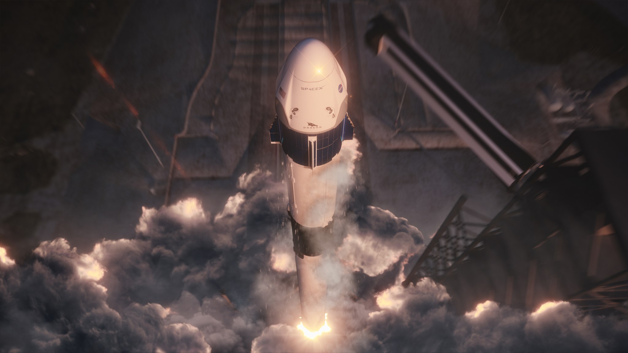 An artist concept of SpaceX’s Crew Dragon and Falcon 9 lifting off from Launch Complex 39A at Kennedy Space Center.