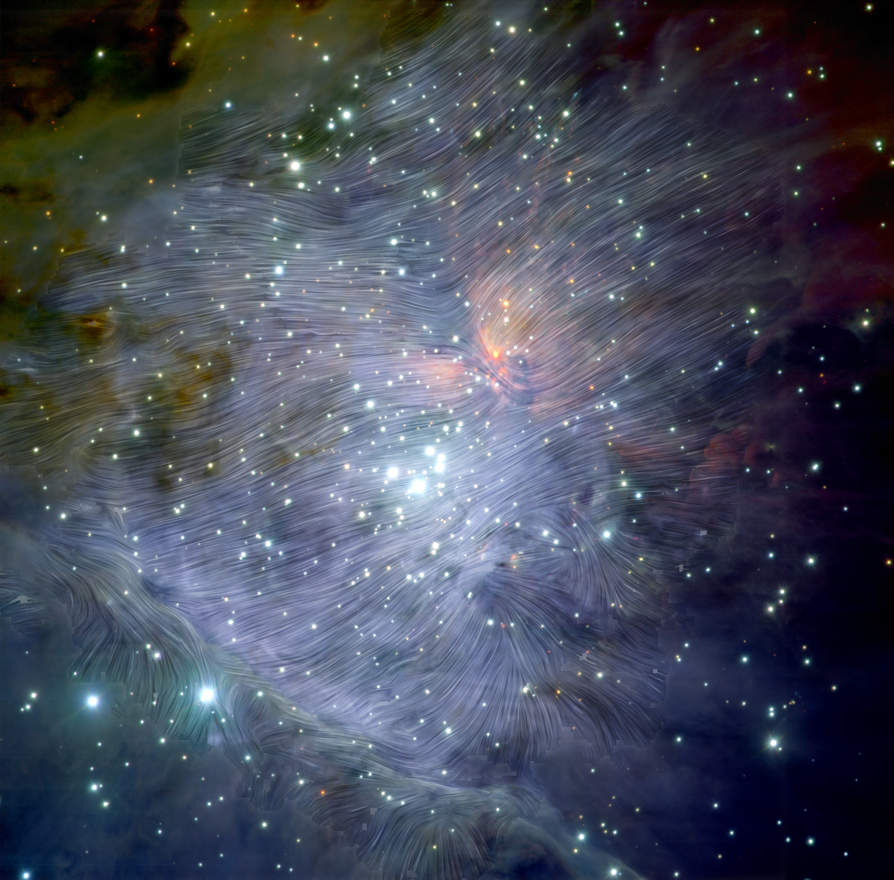 Magnetic fields are shown as stream lines over this infrared image of the Orion Nebula, taken by the Very Large Telescope, Chile