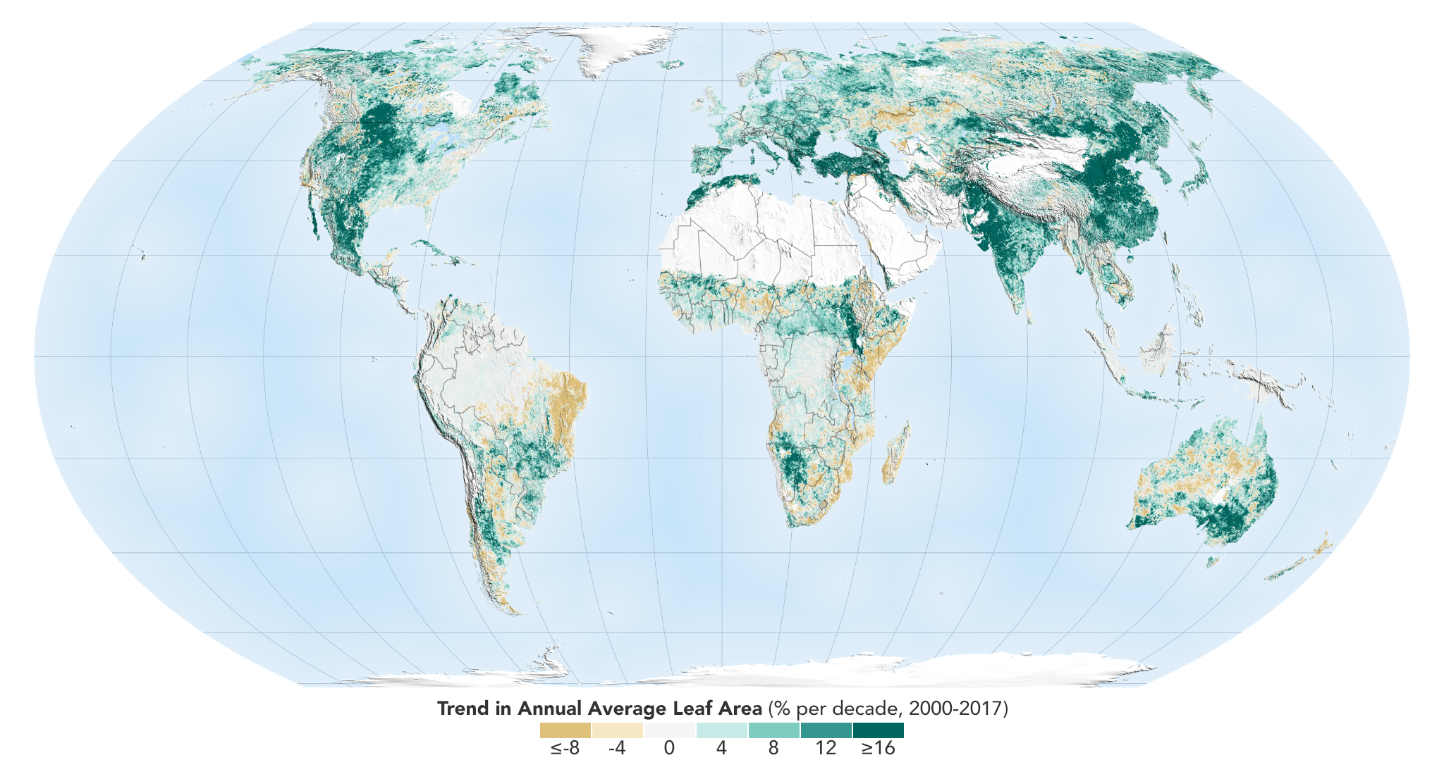 A world map showing the trend in annual average leaf area, in percent per decade (2000-2017)