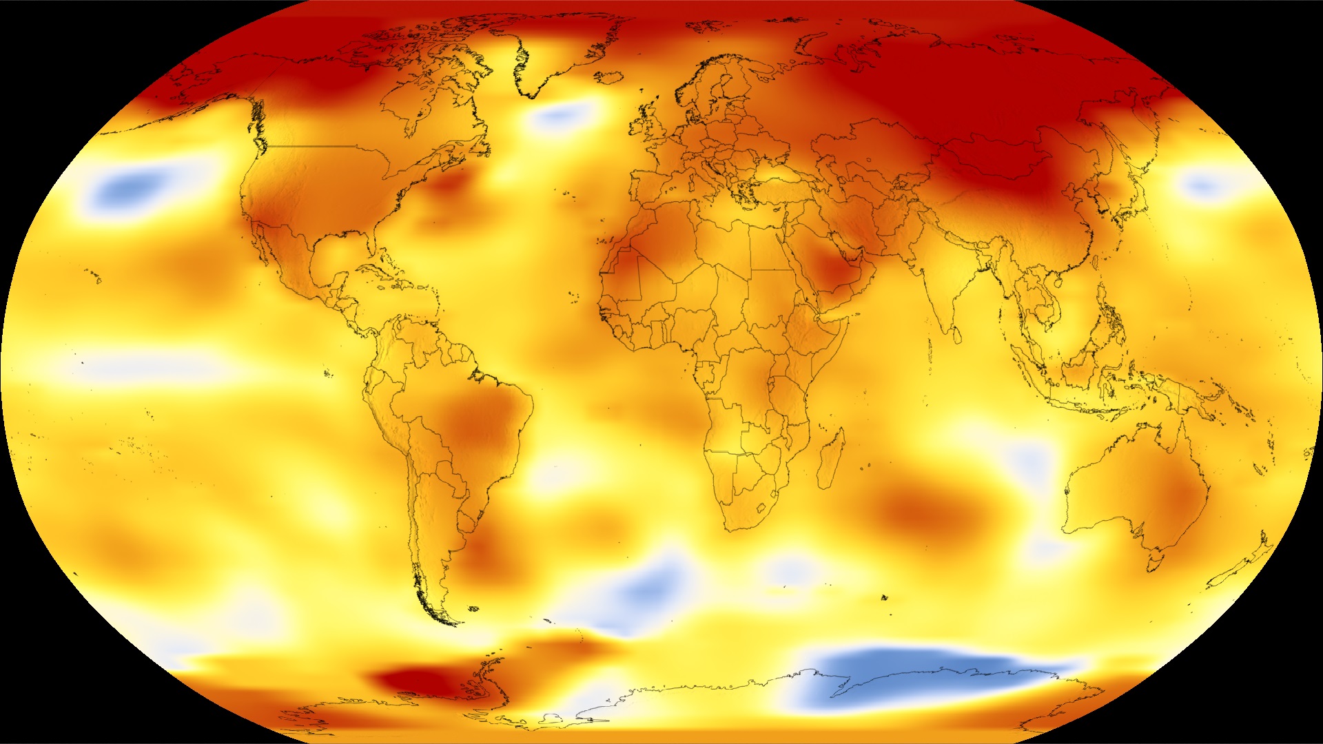 Shown here are 2017 global temperature data: higher than normal temperatures are shown in red, lower than normal temps in blue